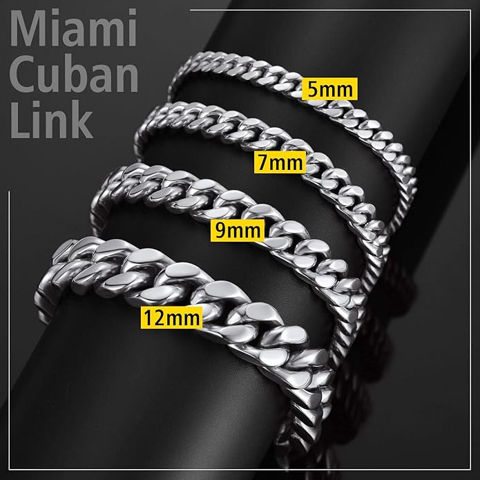 Stainless Steel Bracelets for Men,Cuban Link Mens Bracelet Silver/Black/Gold Plated Classic Chain Wrist Bracelets Jewelry Gifts for Dad Husband 5/7/9/12MM Width,7.5"/8.3"/9" Length with Gift Box