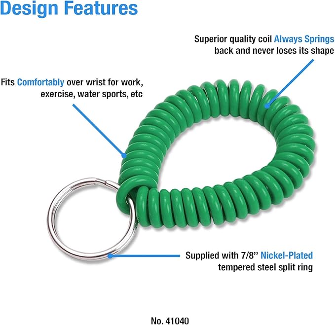 Lucky Line 2” Spiral Wrist Coil with Steel Key Ring, Flexible Wrist Band Key Chain Bracelet, Stretches to 12”, Green, 1 PK (410401)