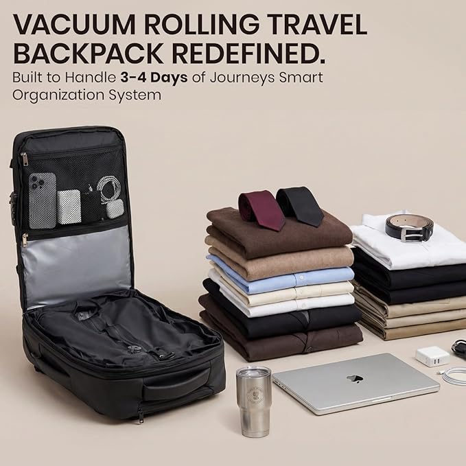 Fanwoli Rolling Vacuum Backpack Travel with One-Button Compression, Expandable Carry-On Suitcase Luggage, Approved TSA Lock & Water-Proof Laptop Compartment for Outdoor/Family/Business Trips