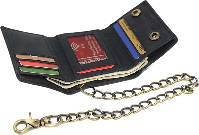 Men's RFID Blocking Trifold Vintage Leather Biker Chain Wallet With Snap Closure