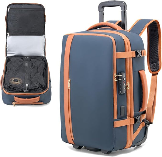 Fanwoli Rolling Vacuum Backpack Travel with One-Button Compression, Expandable Carry-On Suitcase Luggage, Approved TSA Lock & Water-Proof Laptop Compartment for Outdoor/Family/Business Trips