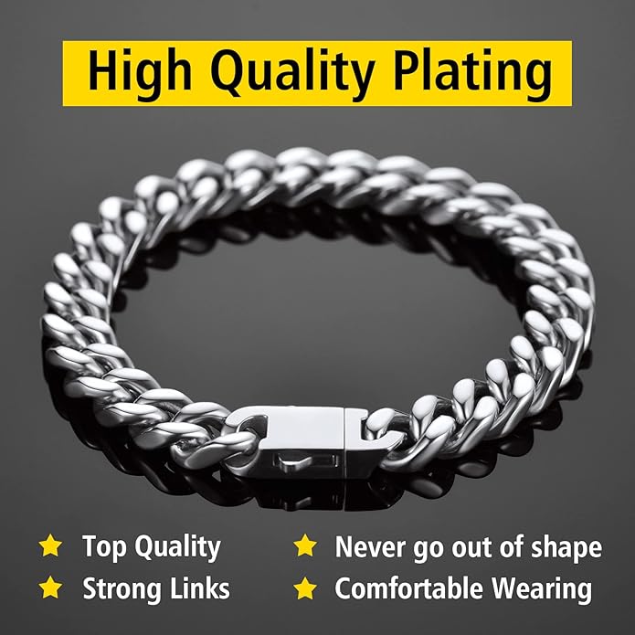 Stainless Steel Bracelets for Men,Cuban Link Mens Bracelet Silver/Black/Gold Plated Classic Chain Wrist Bracelets Jewelry Gifts for Dad Husband 5/7/9/12MM Width,7.5"/8.3"/9" Length with Gift Box