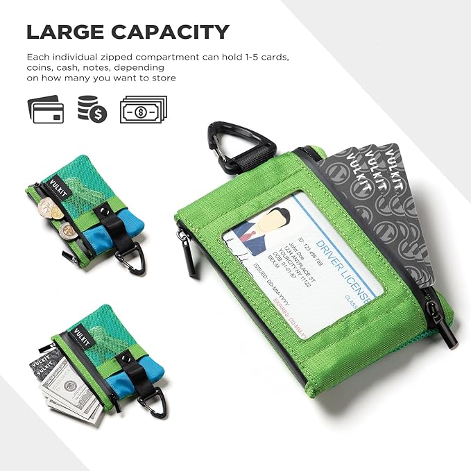 VULKIT Small Minimalist Wallet for Women and Men RFID Blocking, Zipper Coin Pouch with ID Window and Keychain, Water Resistant Travel Lanyard Wallet Green Blue