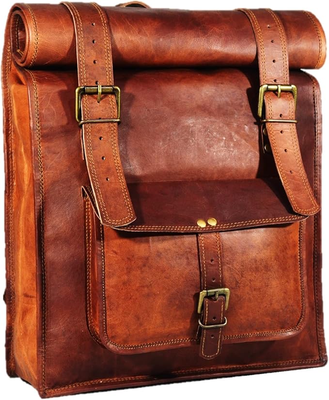 Men's 17 inch Leather Vintage Roll On Laptop Backpack Rucksack knapsack college bag