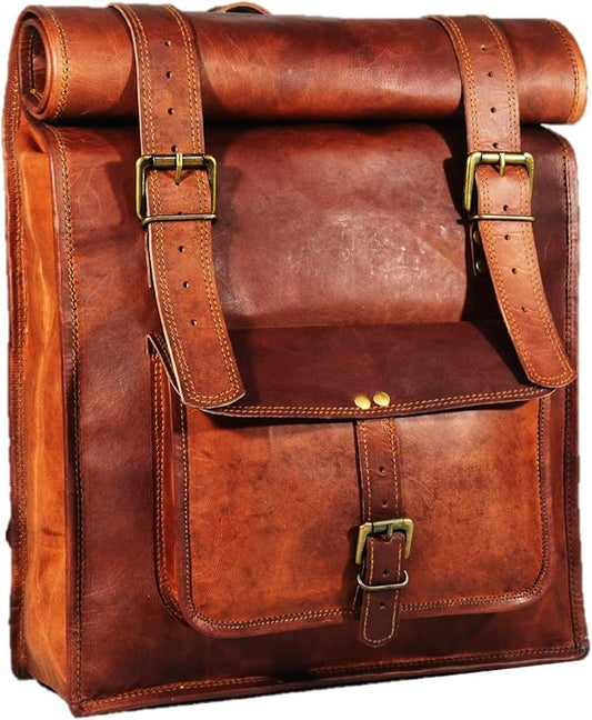 Men's 17 inch Leather Vintage Roll On Laptop Backpack Rucksack knapsack college bag