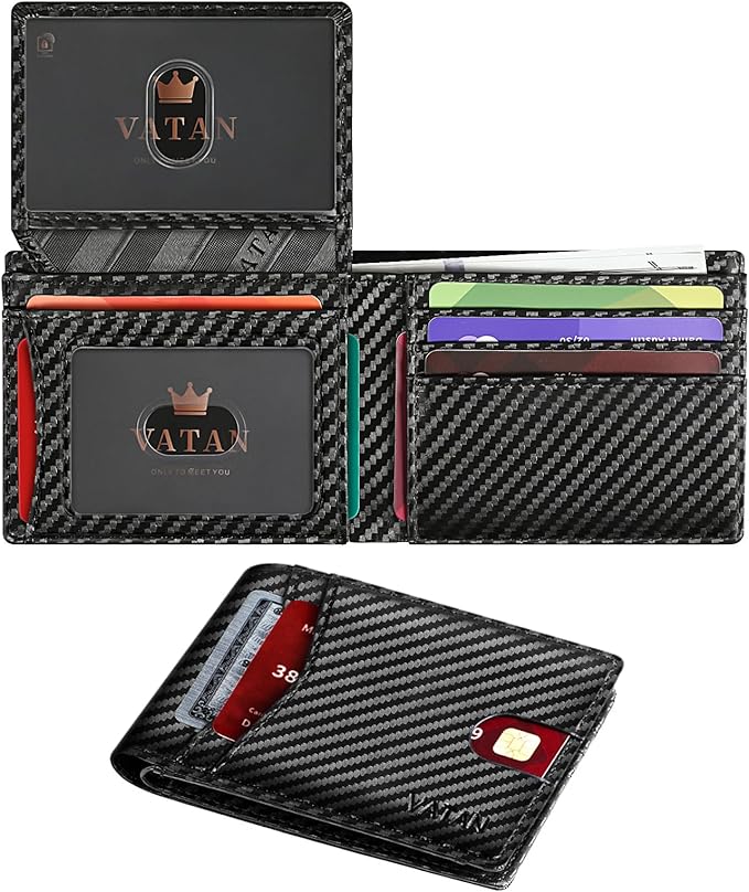 VATAN Wallet for Men, Mens Minimalist Wallet Credit Card Holder, Slim Leather Rfid 2 ID Window Large Capacity With Gift Box (Carbon Fiber Black)