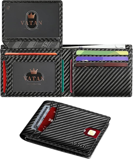 VATAN Wallet for Men, Mens Minimalist Wallet Credit Card Holder, Slim Leather Rfid 2 ID Window Large Capacity With Gift Box (Carbon Fiber Black)