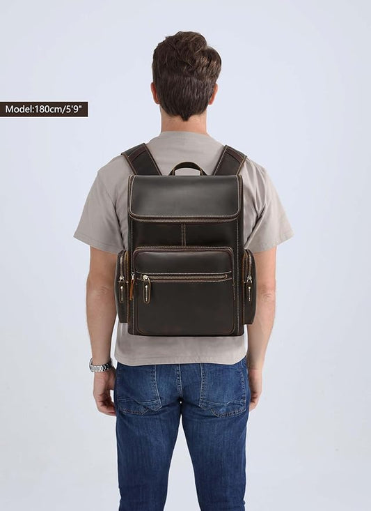 Mens Full Grain Genuine Leather Backpack, Vintage Rucksack Bag Fit 15.6" Laptop, Business Hiking Travel Overnight Shoulder Daypacks - Brown