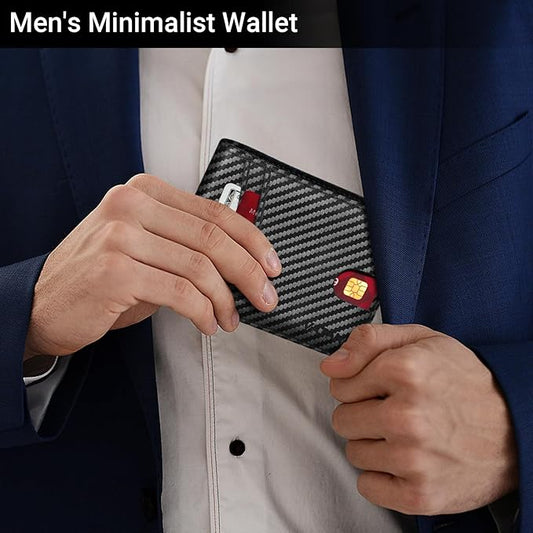VATAN Wallet for Men, Mens Minimalist Wallet Credit Card Holder, Slim Leather Rfid 2 ID Window Large Capacity With Gift Box (Carbon Fiber Black)