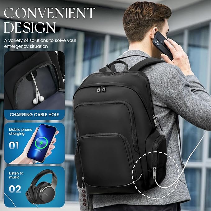 Large Travel Laptop Backpack, Carry on Backpack, 17.3 Inch Durable Business Work Sport Laptop Backpack with USB Port, Water Resistant Rucksack Book Bag Gifts for Men Women, Black