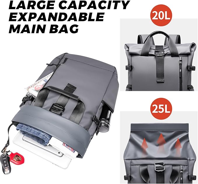 Roll Top Travel Backpack for Men and Women 15.6 Inch 20-25L Expandable Water-Resistant Commuter Casual Daypack Laptop Backpack for Work Business College