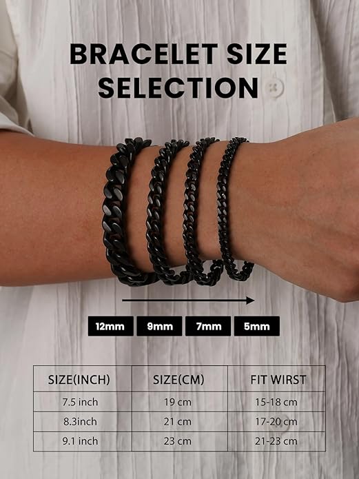 Bestyle Thick Mens Cuban Link Chain Bracelets, Durable Real 18K Gold/Black Metal Plated Solid Stainless Steel Hand Chain Cuban Bracelets for Men, Silver Black Gold Bracelets for Father Husband