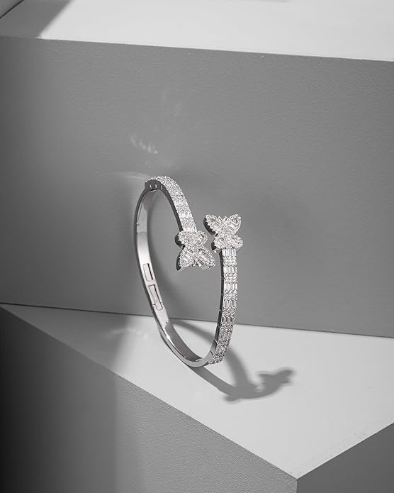 Lulu Mel Iced Out Baguette Diamond Bracelet Jewelry for Women, Hip Hop Mens 14k Gold Silver Plated Cubic Zirconia Bangle Bracelet, Men Heart Cuff Bracelet With Jewelry Box