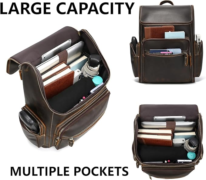 Mens Full Grain Genuine Leather Backpack, Vintage Rucksack Bag Fit 15.6" Laptop, Business Hiking Travel Overnight Shoulder Daypacks - Brown