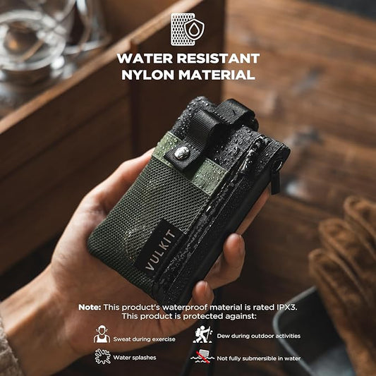 VULKIT Small Minimalist Wallet for Women and Men RFID Blocking, Zipper Coin Pouch with ID Window and Keychain, Water Resistant Travel Lanyard Wallet Army Green Black