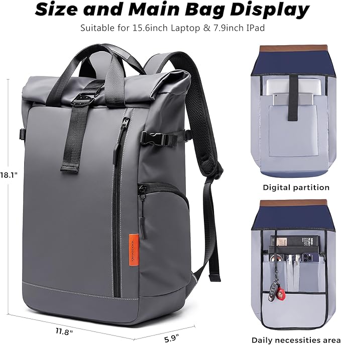 Roll Top Travel Backpack for Men and Women 15.6 Inch 20-25L Expandable Water-Resistant Commuter Casual Daypack Laptop Backpack for Work Business College
