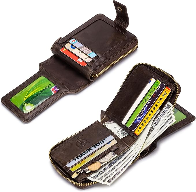 LUKZIJAES Genuine Leather Wallet for Men RFID Blocking Large Capacity Card Case with Zipper ID Window Coin Pocket (#2-Coffee)