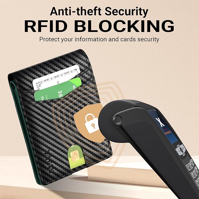 VATAN Wallet for Men, Mens Minimalist Wallet Credit Card Holder, Slim Leather Rfid 2 ID Window Large Capacity With Gift Box (Carbon black and Green)