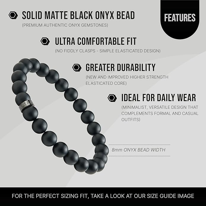 LUXAR Men’s Black Onyx Stone Bead Bracelets | Matte Black 8mm Stone | Minimalist, Designer Jewelry for Men