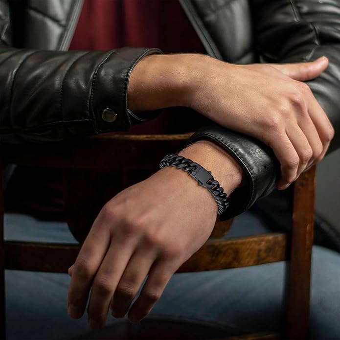 Stainless Steel Bracelets for Men,Cuban Link Mens Bracelet Silver/Black/Gold Plated Classic Chain Wrist Bracelets Jewelry Gifts for Dad Husband 5/7/9/12MM Width,7.5"/8.3"/9" Length with Gift Box