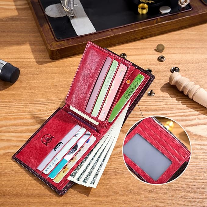 LUKZIJAES Genuine Leather Wallet for Men RFID Blocking Slim Bifold Front Pocket Wallets with 2 ID Window (#1-Red)