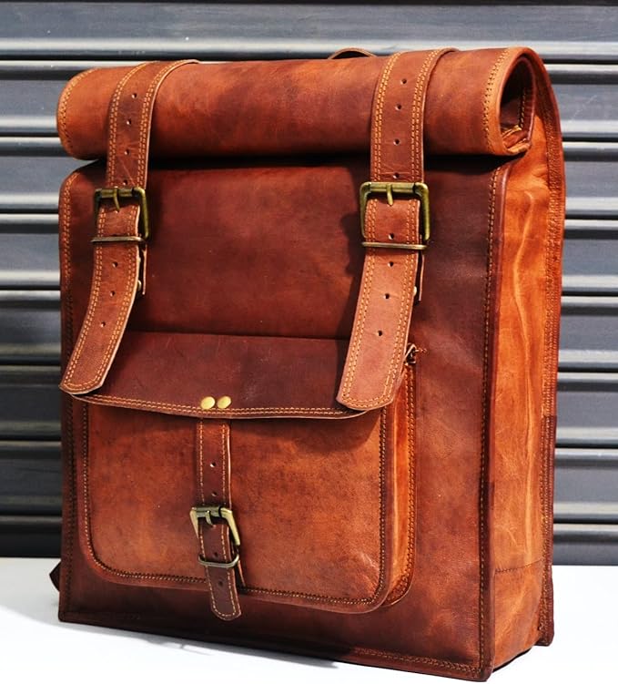Men's 17 inch Leather Vintage Roll On Laptop Backpack Rucksack knapsack college bag