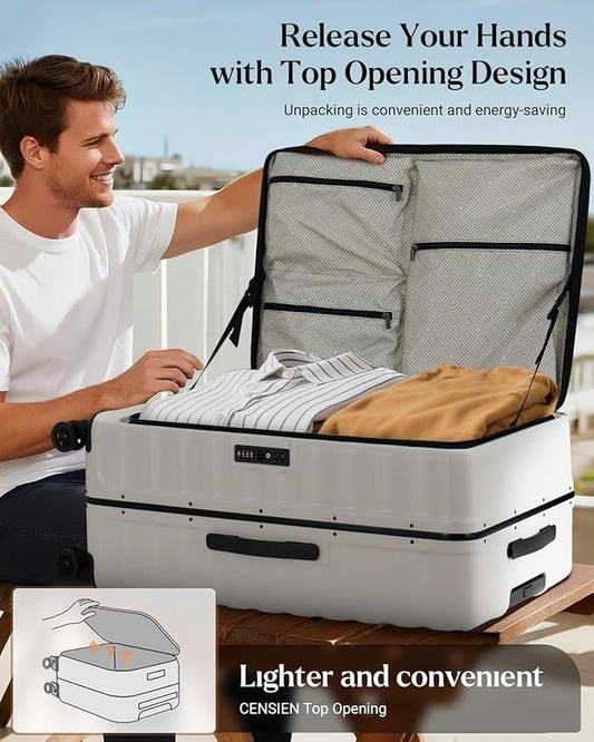 Luggage Sets 2 Pieces, 20/28 Inch PC Hardshell Suitcase with Spinner Wheels, 20 Inch Expandable Clamshell Carry On Luggage and 28 Inch Aluminum Frame Top Opening Checked Luggage (White)
