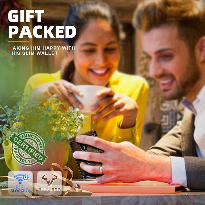 BULLIANT Men Wallet, Slim Leather Wallet Front Pocket Card Holder Gift For Men 11 Slots RFID Blocking