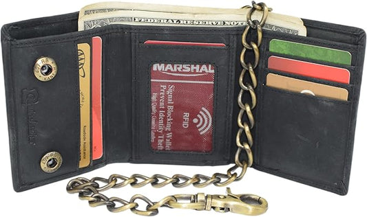 Men's RFID Blocking Trifold Vintage Leather Biker Chain Wallet With Snap Closure