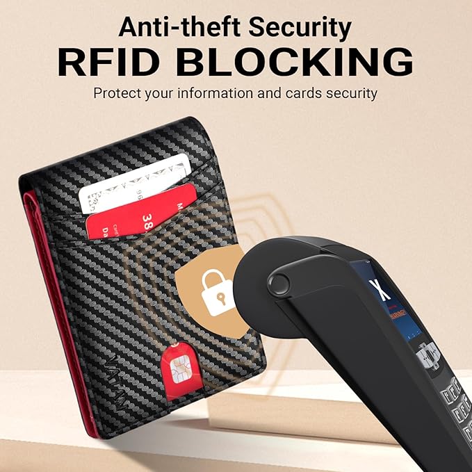 VATAN Wallet for Men, Mens Minimalist Wallet Credit Card Holder, Slim Leather Rfid 2 ID Window Large Capacity With Gift Box (Carbon black and Red)