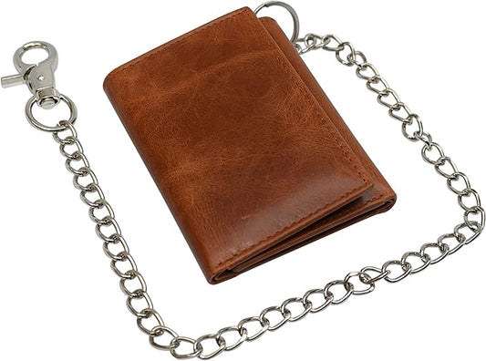 Men's RFID Blocking Trifold Vintage Leather Biker Chain Wallet With Snap Closure