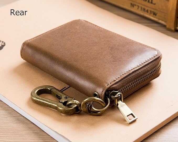 Men's Zipper Key Organizer Rfid Wallet with 6 Hooks Leather Key Holder Case (Yellow brown)
