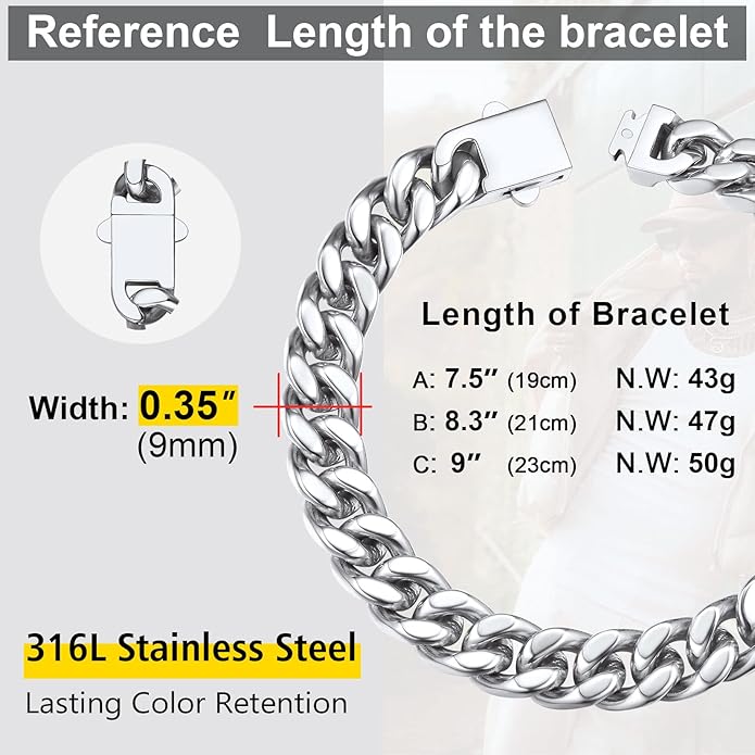 Stainless Steel Bracelets for Men,Cuban Link Mens Bracelet Silver/Black/Gold Plated Classic Chain Wrist Bracelets Jewelry Gifts for Dad Husband 5/7/9/12MM Width,7.5"/8.3"/9" Length with Gift Box