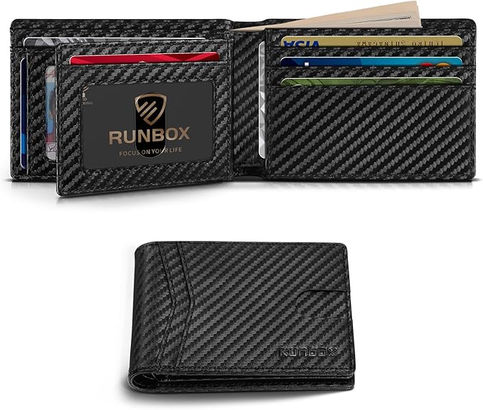 RUNBOX Wallet for Men Bifold RFID Blocking Wallets with 2 ID Window 14 Card Holders 1 cash pocket 1 Gift Box