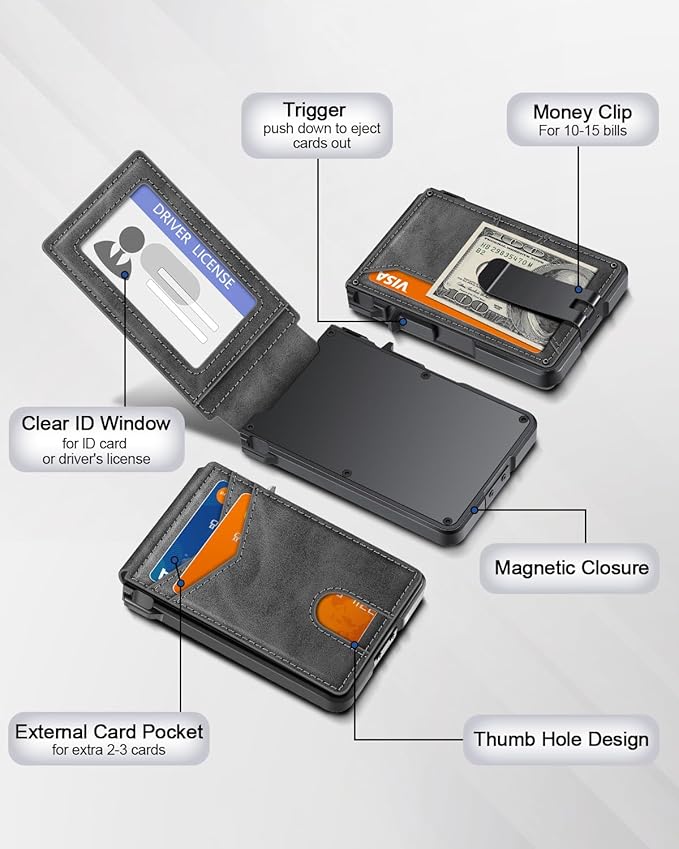 Wallet for Men, Mens Minimalist Wallet 9-13 Cards, Slim Compact Wallet with Money Clip & ID Window, RFID Blocking Smart Pop Up Card Wallet, Metal Aluminum Credit Card Holder Bifold Wallet