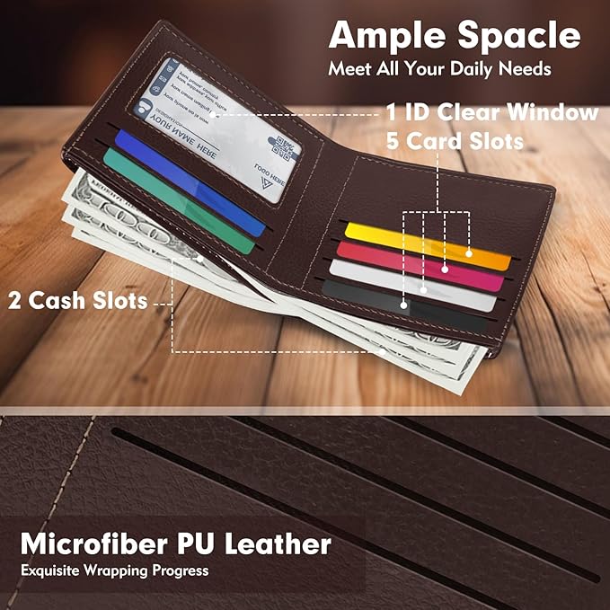 luseyfj Mens Slim Bifold Wallet with ID Clear Window & 6 Credit Card Slots, Minimalist Handmade Bifold Wallets for Men, Thin Card Credit Holder Wallet for Men - Slim & Stylish (Coffee)