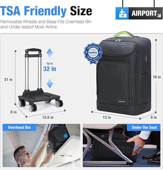 Lekebobor Travel Rolling Backpack, 18 inch Waterproof Bag with 360° Wheels for 15.6" Laptop, Convertible Airline Approved Travel Back Pack for Men & Women, Business, Commuter