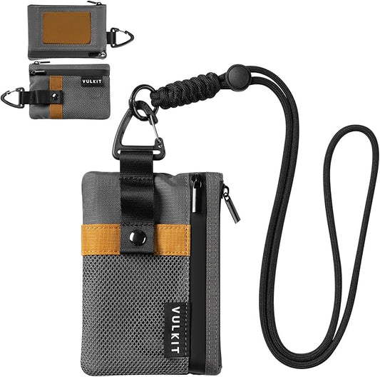 VULKIT Small Minimalist Wallet for Women and Men RFID Blocking, Zipper Coin Pouch with ID Window and Keychain, Water Resistant Travel Lanyard Wallet Grey