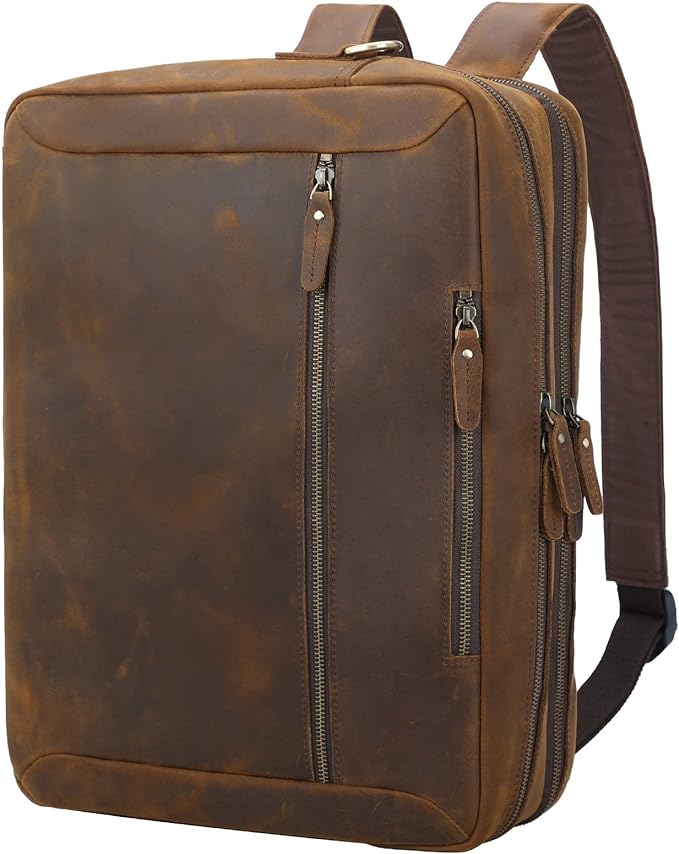 TIDING Leather 15.6" Laptop Backpack Convertible Business Briefcase Crossbody Shoulder Messenger Bag, Brown