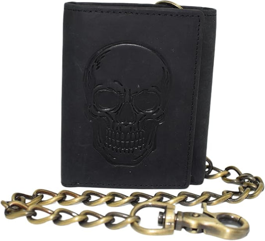 Men's RFID Blocking Trifold Vintage Leather Biker Chain Wallet With Snap Closure