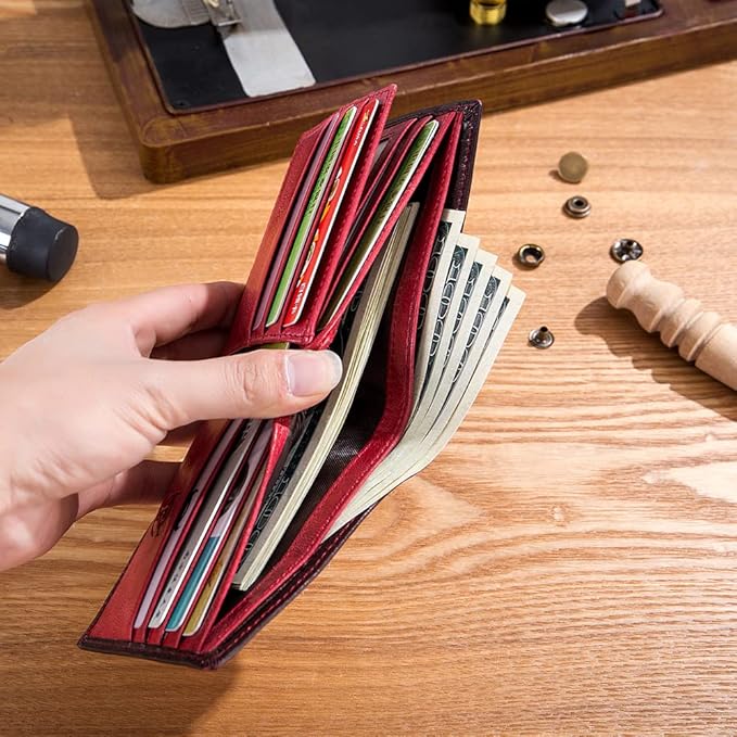 LUKZIJAES Genuine Leather Wallet for Men RFID Blocking Slim Bifold Front Pocket Wallets with 2 ID Window (#1-Red)