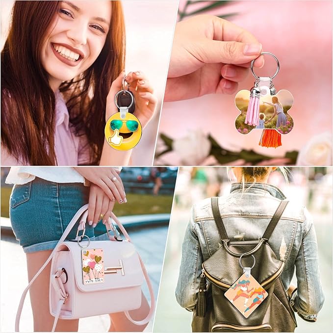 120Pcs Sublimation Keychain Blanks Bulk, DIY MDF 4 Shape Sublimation Blank Keychain with Keyrings, unisex-adult Double-Sided Printed Heat Transfer Keychain, White