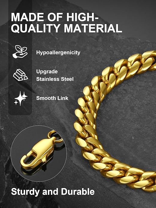 ChainsPro Cuban Link Bracelet for Mens, 6/10/14 mm, 19-21CM Length, 18K Gold Plated/316L Stainless Steel/Black-With Gift Box