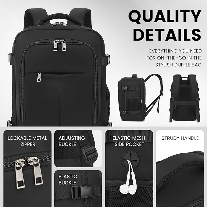 Travel Laptop Backpack, Carry on Backpack, 15.6 Inch Durable Business Work Bag with USB Port, Water Resistant Rucksack Book Computer Bag Gifts for Women Men, Black
