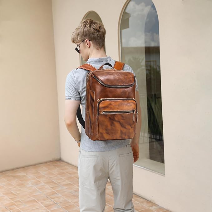 LANNSYNE Vegetable Tanned Leather Backpack For Men, 15.6" Leather Laptop Backpack Hiking Travel Bag Camping Rucksack