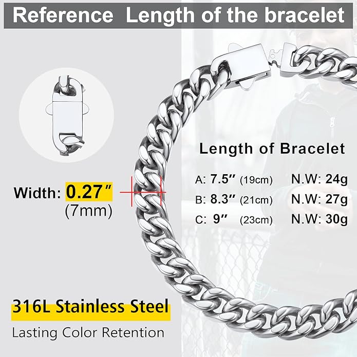 Stainless Steel Bracelets for Men,Cuban Link Mens Bracelet Silver/Black/Gold Plated Classic Chain Wrist Bracelets Jewelry Gifts for Dad Husband 5/7/9/12MM Width,7.5"/8.3"/9" Length with Gift Box