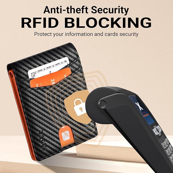 VATAN Wallet for Men, Mens Minimalist Wallet Credit Card Holder, Slim Leather Rfid 2 ID Window Large Capacity With Gift Box (Carbon Black and Orange)