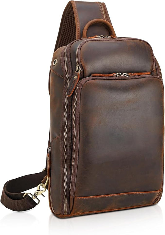 Polare Modern Style Sling Shoulder Bag Men’s Travel/Hiking Daypack with Full Grain Italian Leather and YKK Zippers