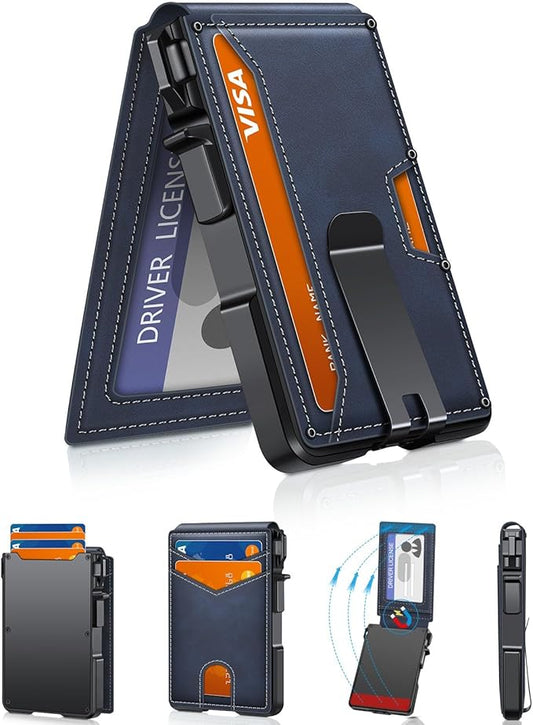 Wallet for Men, Mens Minimalist Wallet 9-13 Cards, Slim Compact Wallet with Money Clip & ID Window, RFID Blocking Smart Pop Up Card Wallet, Metal Aluminum Credit Card Holder Bifold Wallet
