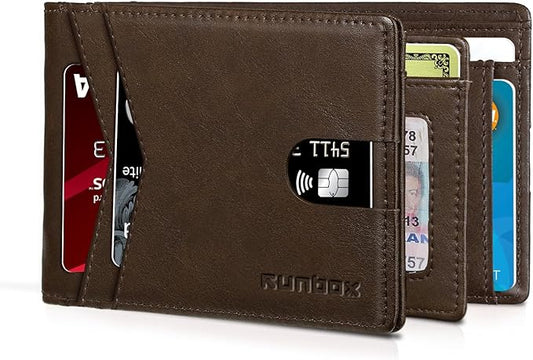 RUNBOX Wallet for Men Bifold RFID Blocking Wallets with 2 ID Window 14 Card Holders 1 cash pocket 1 Gift Box